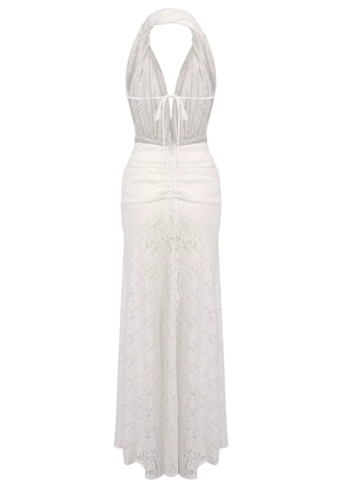 Halter Draped Crochet Maxi Dress White