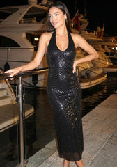 Ivy Black Halter Neck Backless Sequin Bodycon Maxi Dress