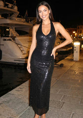 Ivy Black Halter Neck Backless Sequin Bodycon Maxi Dress