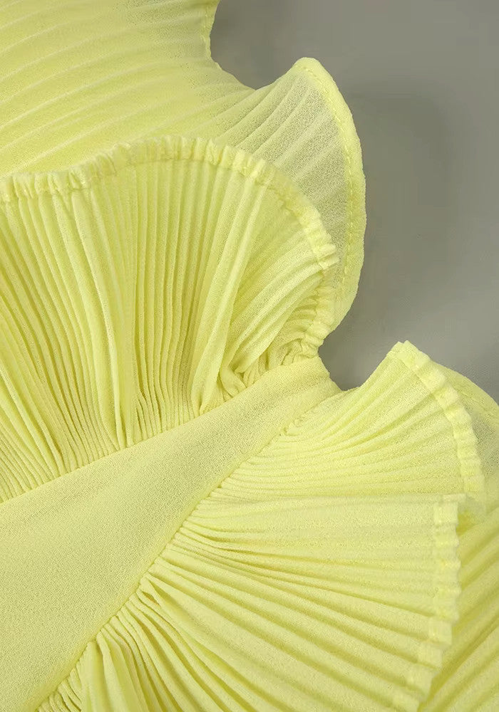 Pleated Ruffle Maxi Dress Yellow