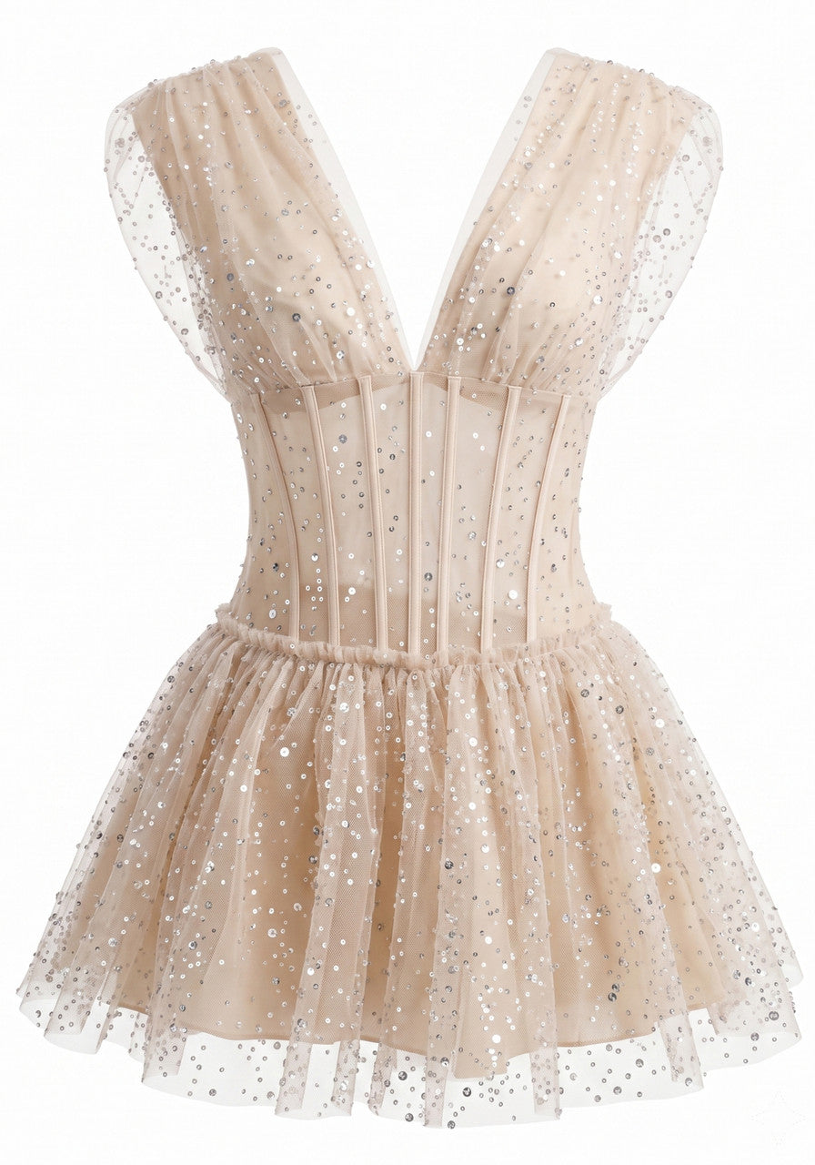 Sequin Draped Structured Lace A Line Dress Ivory
