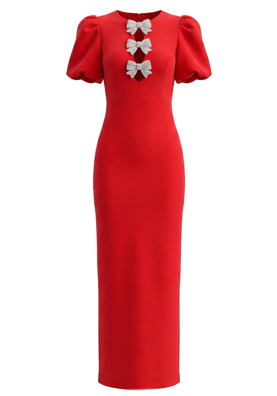 Short Sleeve Crystal Bow Maxi Dress Red