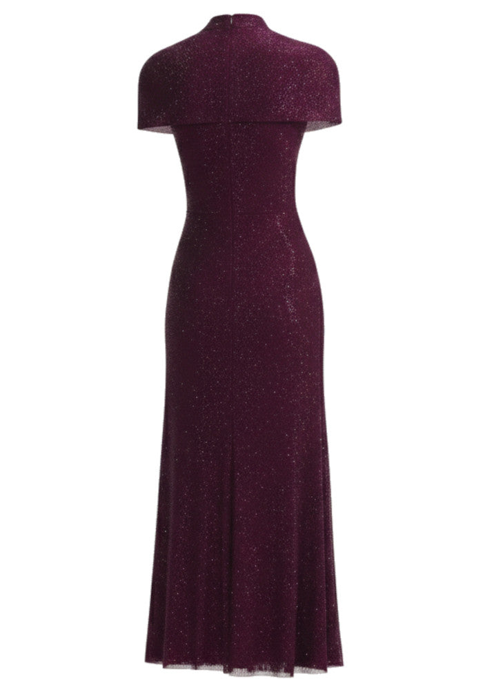 Short Sleeve Sparkly A Line Midi Dress Burgundy