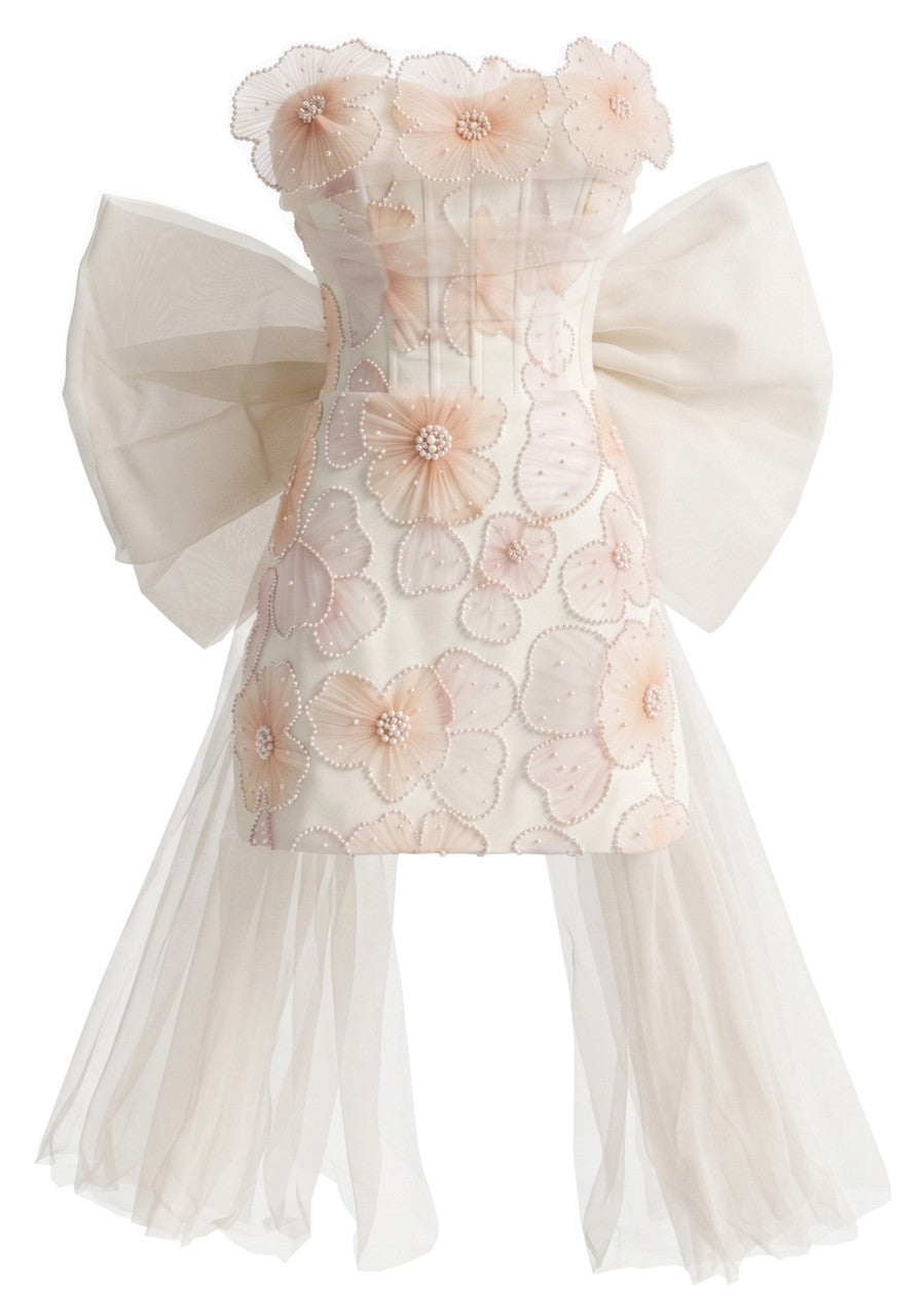 Strapless Floral Bow Detail Dress Ivory