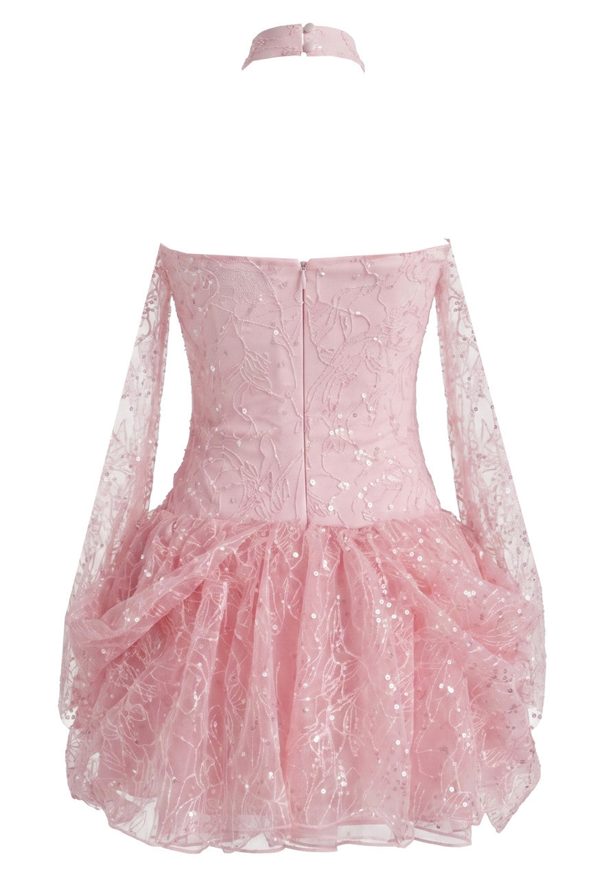Ivy Pink A-Line Dress with Halter Draped Lace
