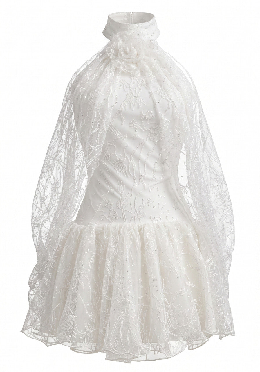Ivy White A-Line Dress with Halter Draped Lace