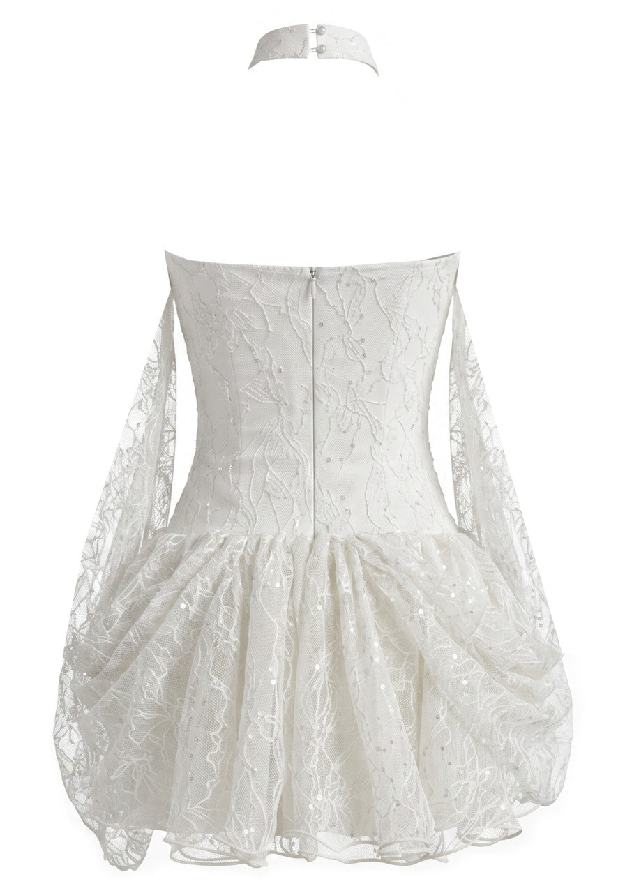 Ivy White A-Line Dress with Halter Draped Lace