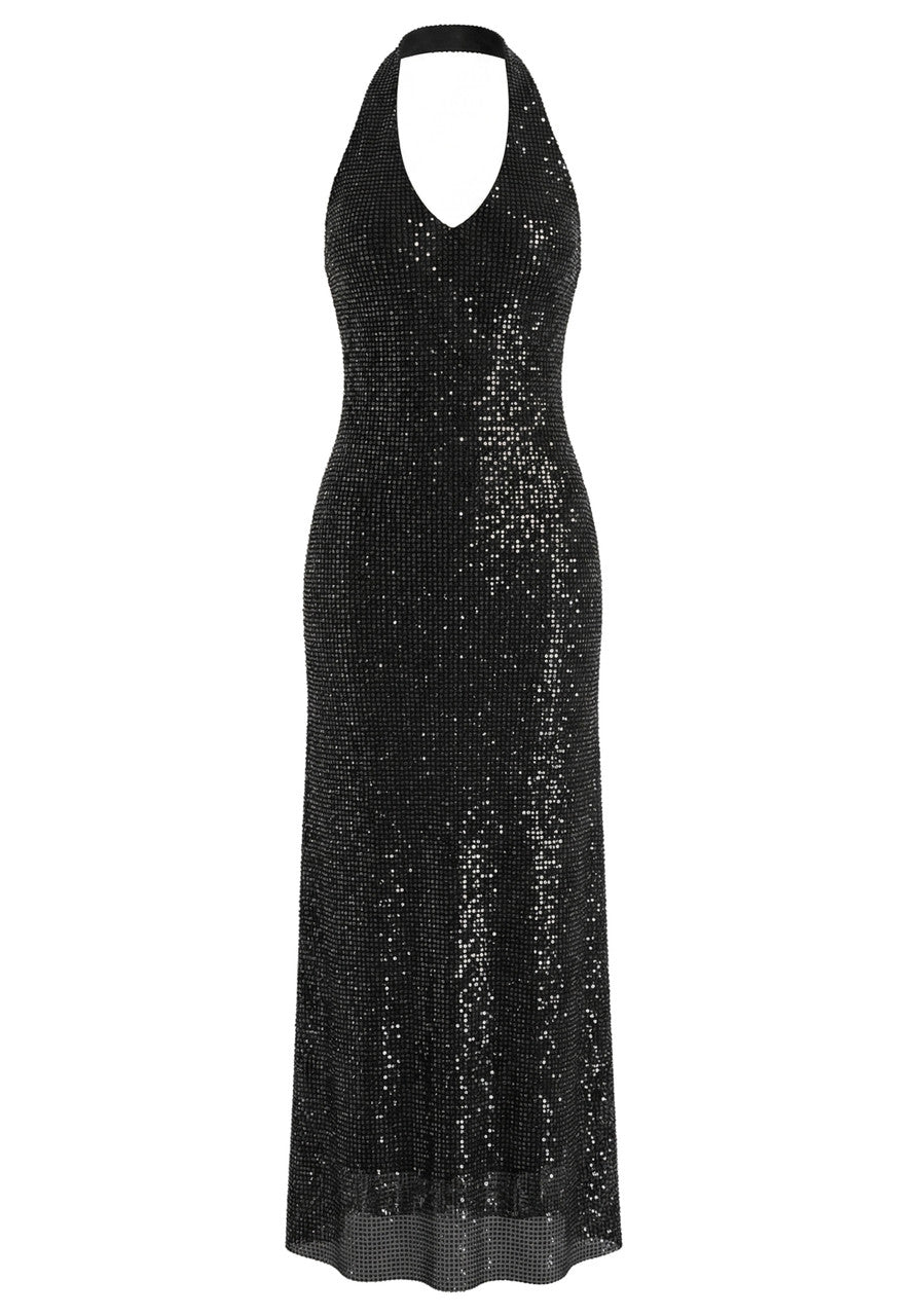 Ivy Black Halter Neck Backless Sequin Bodycon Maxi Dress