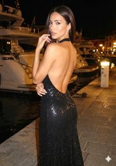 Ivy Black Halter Neck Backless Sequin Bodycon Maxi Dress