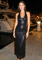 Ivy Black Halter Neck Backless Sequin Bodycon Maxi Dress