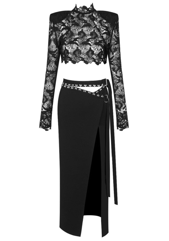 Ivy Black Two Piece Dress with Long Sleeve Lace Top
