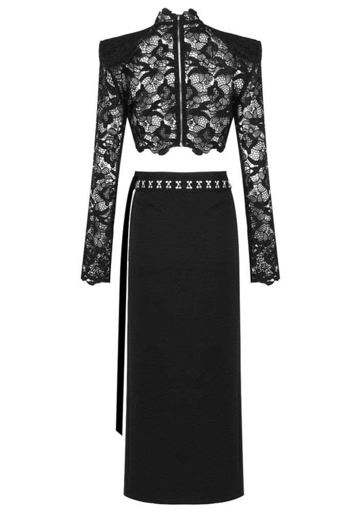 Ivy Black Two Piece Dress with Long Sleeve Lace Top