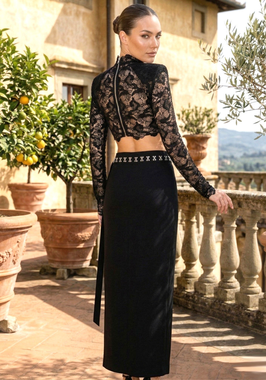 Ivy Black Two Piece Dress with Long Sleeve Lace Top