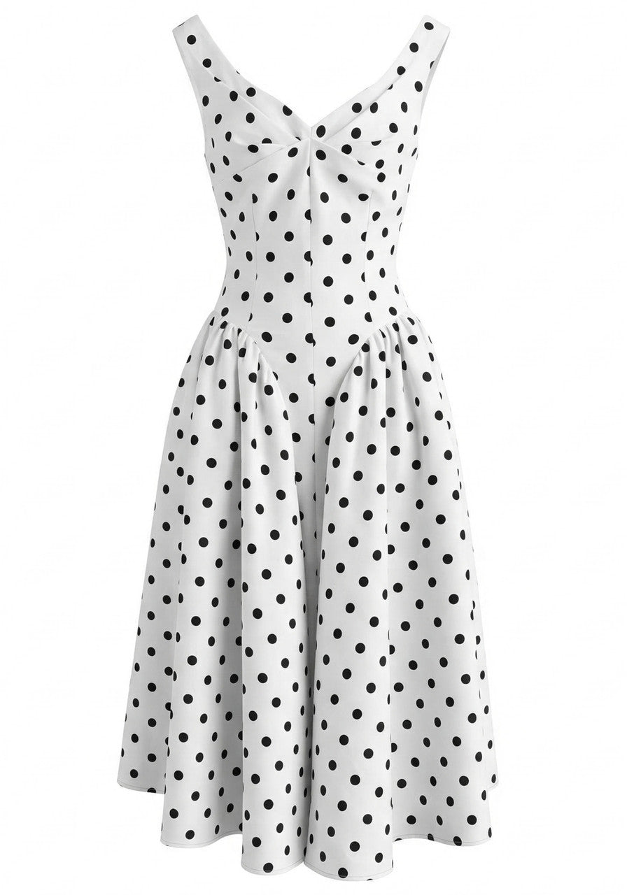 Ivy White Black Polka Dot Sweetheart Bow Strap A-Line Midi Dress