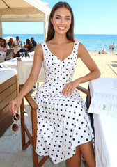 Ivy White Black Polka Dot Sweetheart Bow Strap A-Line Midi Dress