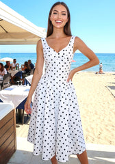 Ivy White Black Polka Dot Sweetheart Bow Strap A-Line Midi Dress