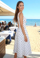 Ivy White Black Polka Dot Sweetheart Bow Strap A-Line Midi Dress